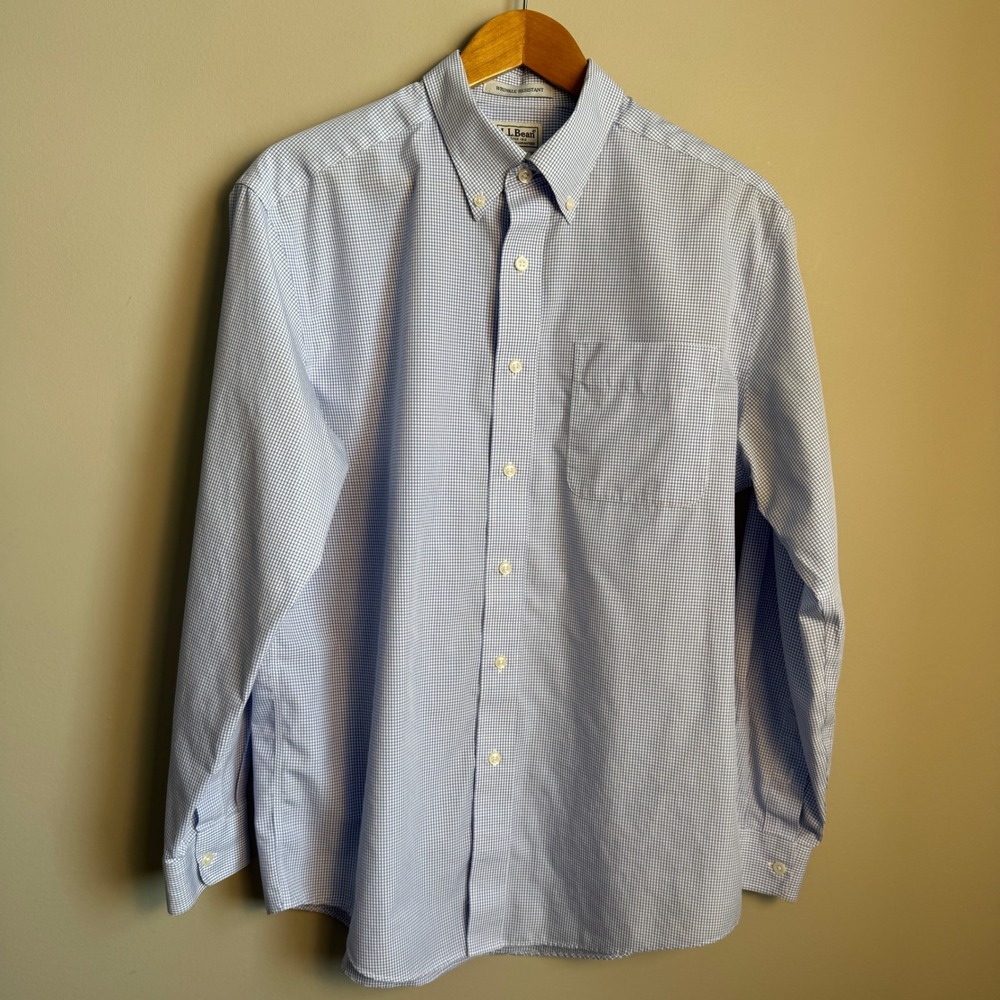 LL Bean Wrinkle Resistant Graph Check Button Down Shirt Mens M-Reg Blue White